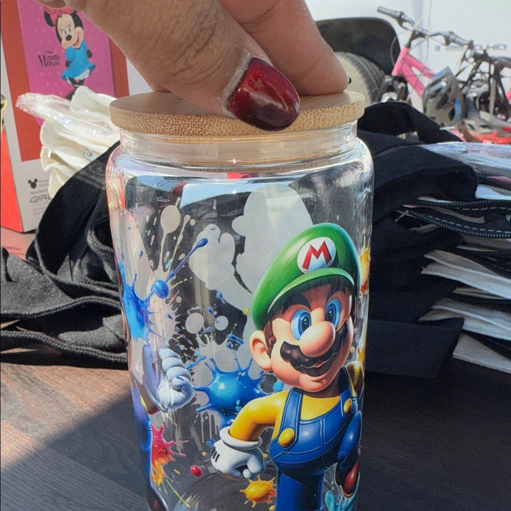 Super Mario Glass Cup with Wooden Lid